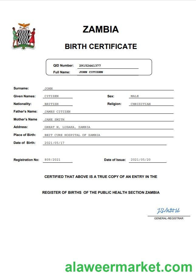 Zambia birth certificate Word and PDF template